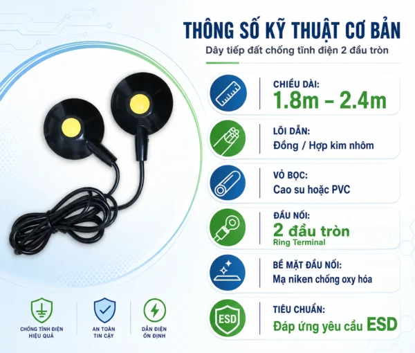 Thông số dây tiếp đất chống tĩnh điện 2 đầu tròn