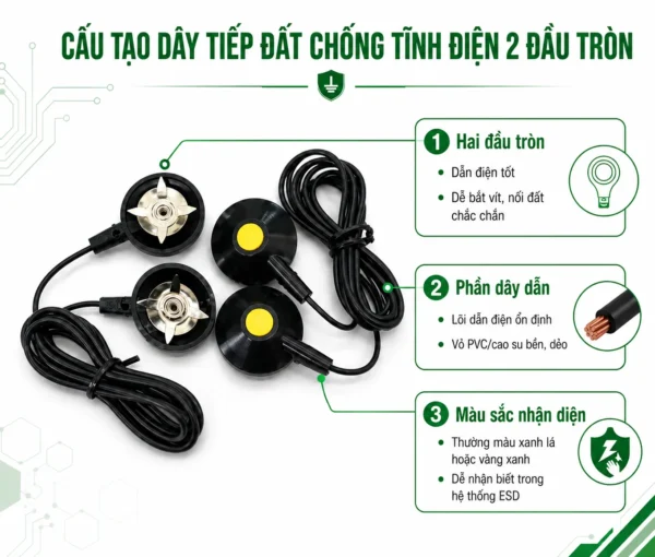 Cấu tạo dây tiếp đất chống tĩnh điện 2 đầu tròn
